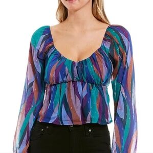Evolutionary Printed Purple/Blue Long Sleeve Peplum Top Sz L NWT